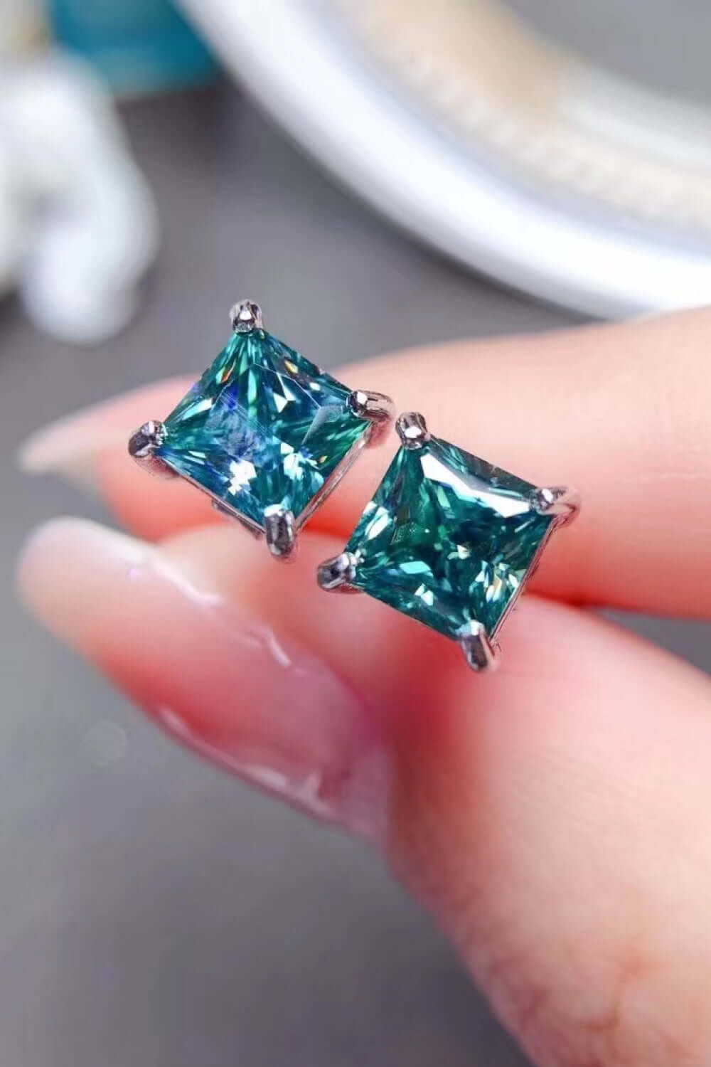 2 Carat Square Green Moissanite Four-Prong Earrings