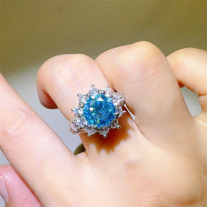 3 Carat Bright Blue Moissanite and Zircon 925 Sterling Silver Ring