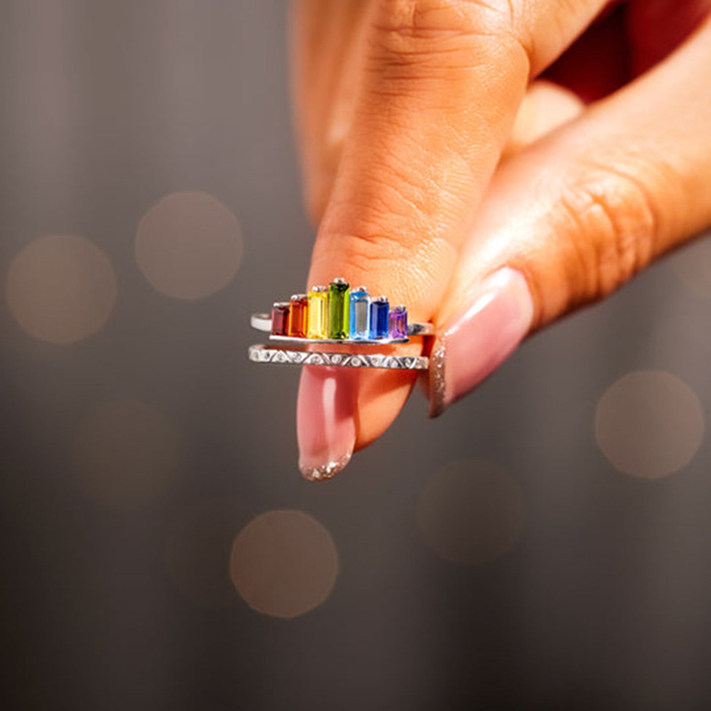 Rainbow Zircon 925 Sterling Silver Double-Layered Ring