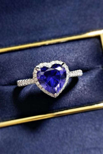 2 Carat Blue Moissanite Heart-Shaped Side Stone Ring