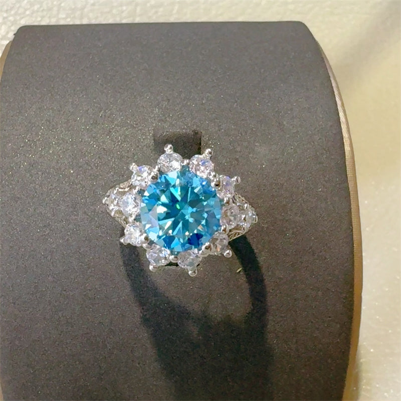 3 Carat Bright Blue Moissanite and Zircon 925 Sterling Silver Ring