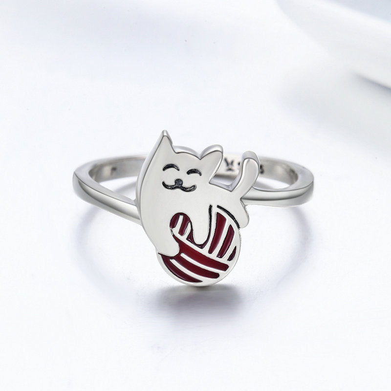 Cat With Yarn Ball 925 Sterling Silver Ring