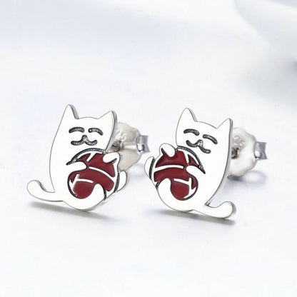 Cat with Yarn Ball 925 Sterling Silver Studs Earrings