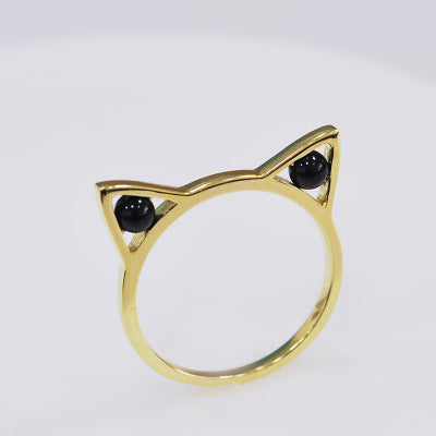 Kitty Cat Black Ear 925 Sterling Silver CZ Ring