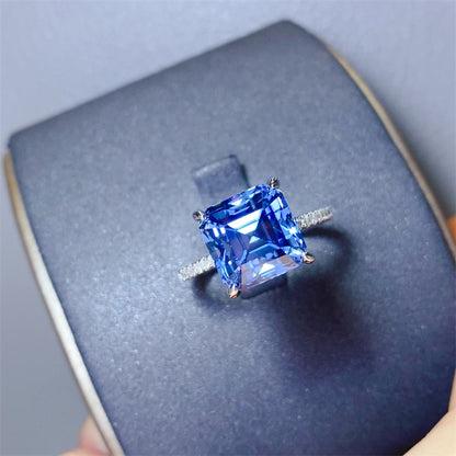 5 Carat Ocean Blue Moissanite and Zircon 925 Sterling Silver Ring