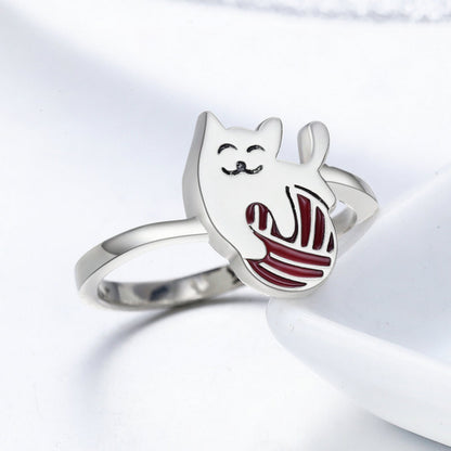 Cat With Yarn Ball 925 Sterling Silver Ring