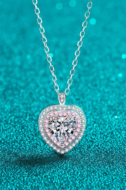 925 Sterling Silver 1 Carat Moissanite Heart Halo Pendant Necklace