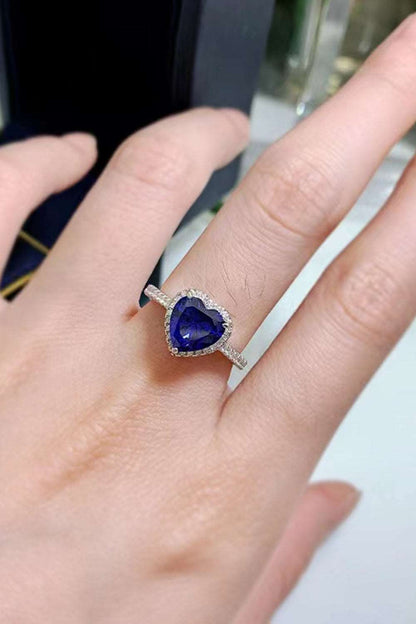 2 Carat Blue Moissanite Heart-Shaped Side Stone Ring