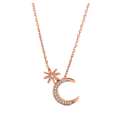 CZ Star Crescent Moon Casual 925 Sterling Silver Necklace