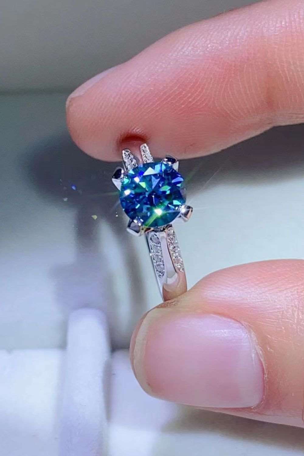 1 Carat Sky Blue Moissanite 4-Prong Ring