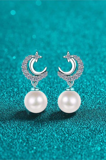 Crescent Moon Moissanite Pearl Drop Earrings