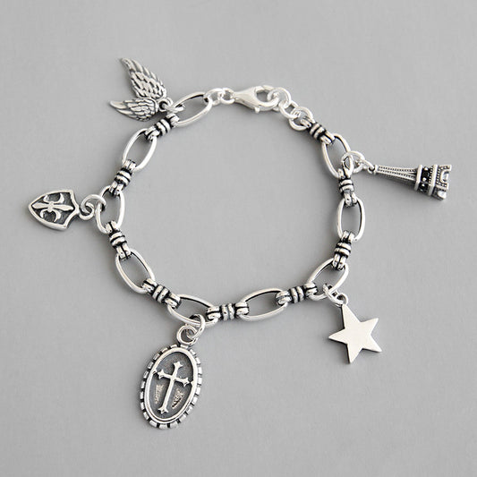 Cross Star Wings Eiffel Tower Shield 925 Sterling Silver Charm Bracelet