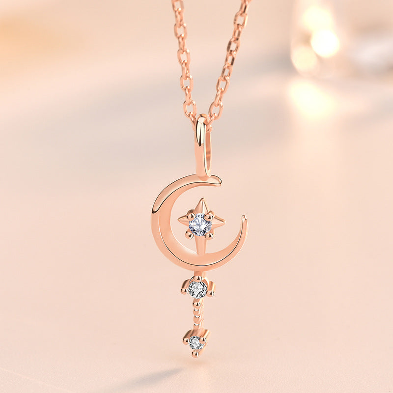 CZ Crescent Moon Magic Wand 925 Sterling Silver Necklace