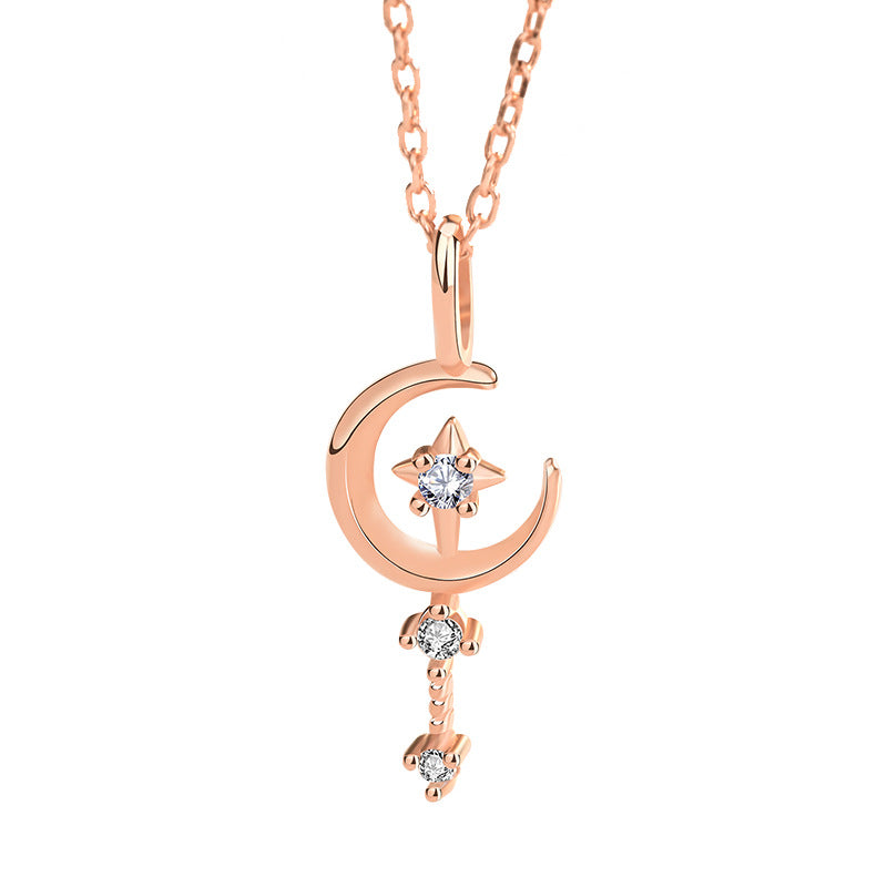 CZ Crescent Moon Magic Wand 925 Sterling Silver Necklace