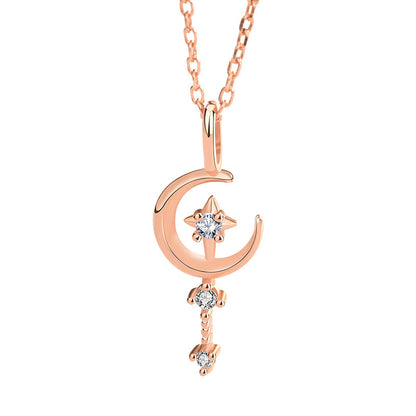 CZ Crescent Moon Magic Wand 925 Sterling Silver Necklace