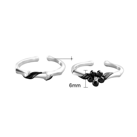 Black CZ Flower 925 Sterling Silver Adjustable Ring