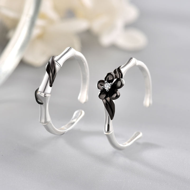 Black CZ Flower 925 Sterling Silver Adjustable Ring