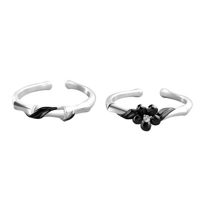 Black CZ Flower 925 Sterling Silver Adjustable Ring