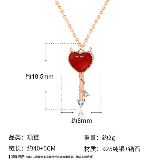 Red CZ Demon Heart Key 925 Sterling Silver Necklace