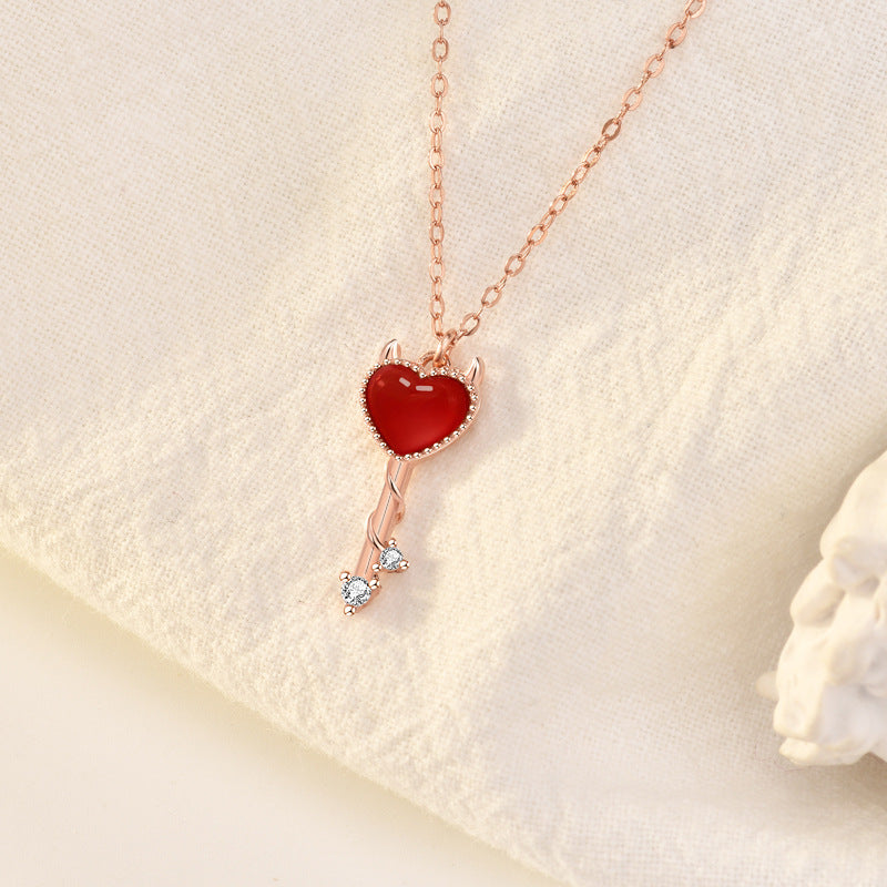 Red CZ Demon Heart Key 925 Sterling Silver Necklace