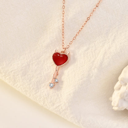 Red CZ Demon Heart Key 925 Sterling Silver Necklace