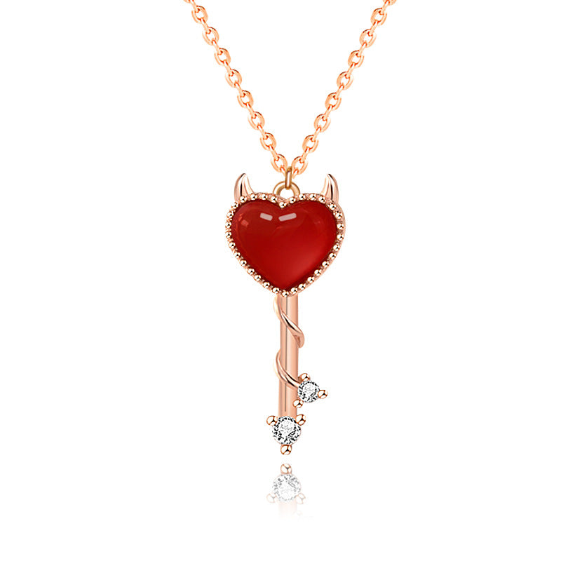 Red CZ Demon Heart Key 925 Sterling Silver Necklace