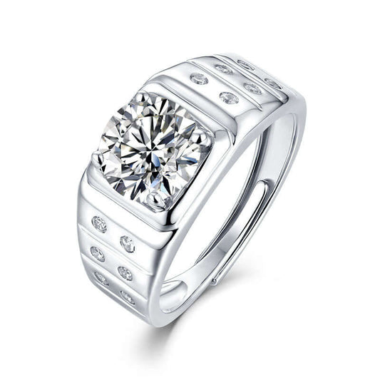 Men's Round Moissanite CZ Belt 925 Sterling Silver Adjustable Ring