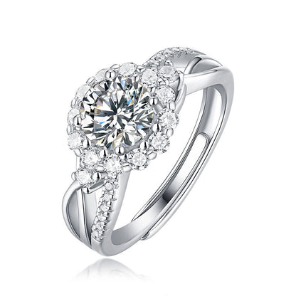 Moissanite and CZ Edelweiss Flower 925 Sterling Silver Adjustable Ring