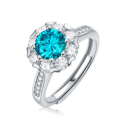 Blue Round Moissanite and CZ Flower 925 Sterling Silver Adjustable Ring