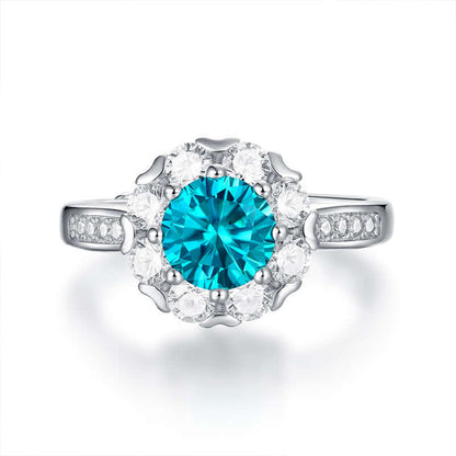 Blue Round Moissanite and CZ Flower 925 Sterling Silver Adjustable Ring