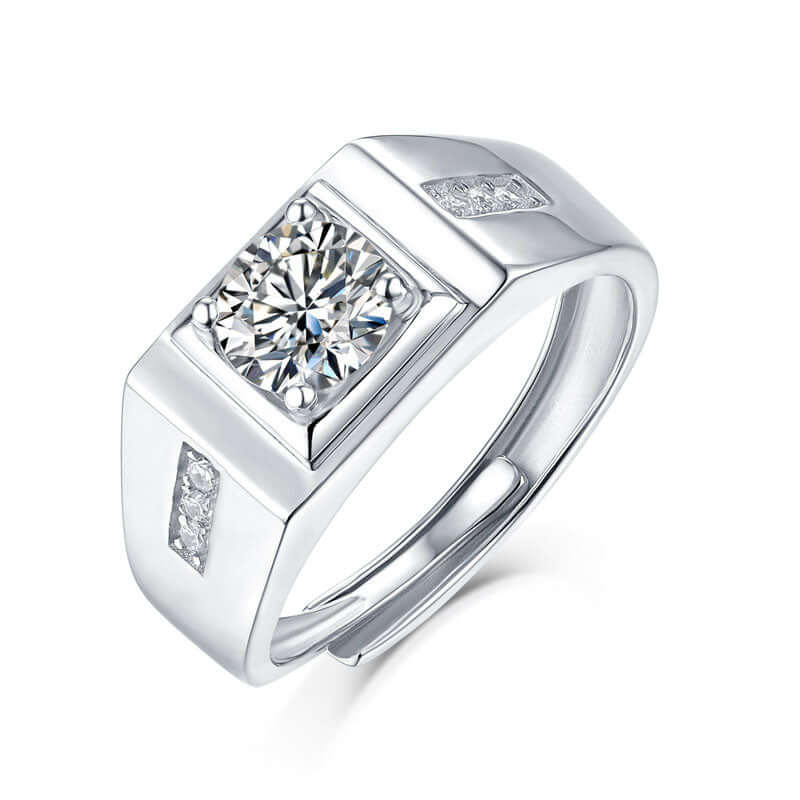 Men's Square Moissanite and CZ 925 Sterling Silver Adjustable Ring