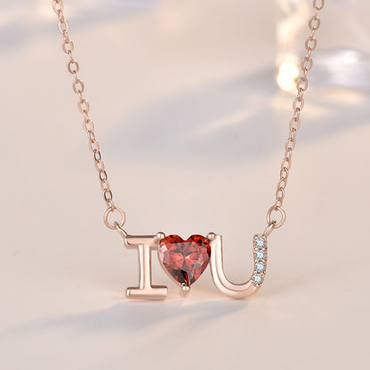 Red CZ I Love You Letters 925 Sterling Silver Necklace