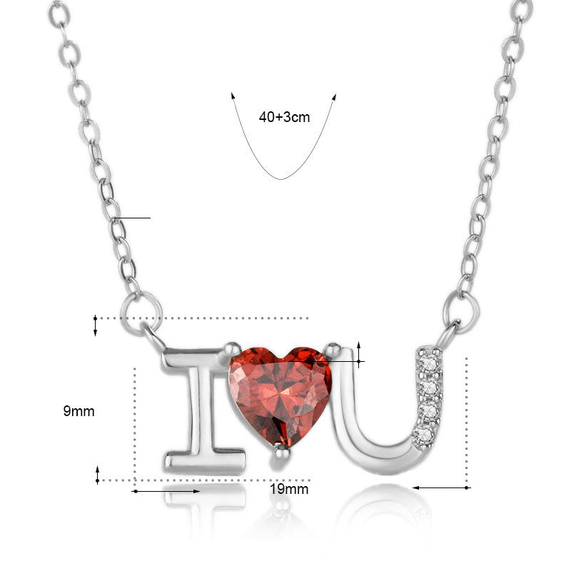 Red CZ I Love You Letters 925 Sterling Silver Necklace