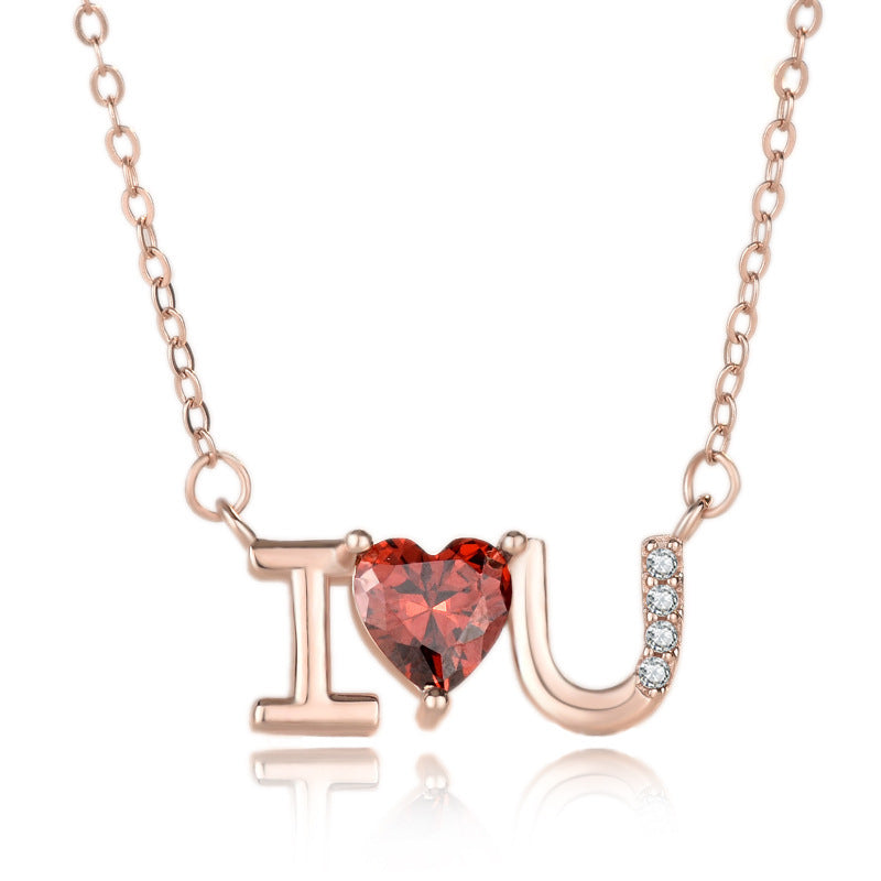 Red CZ I Love You Letters 925 Sterling Silver Necklace