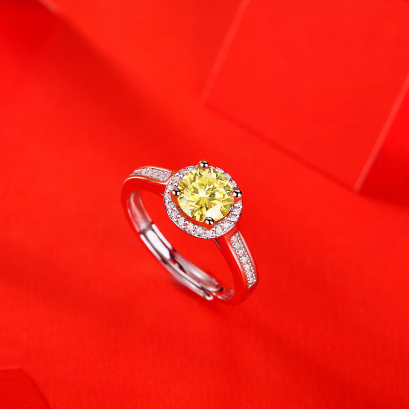 Yellow Round Moissanite and CZ 925 Sterling Silver Adjustable Ring