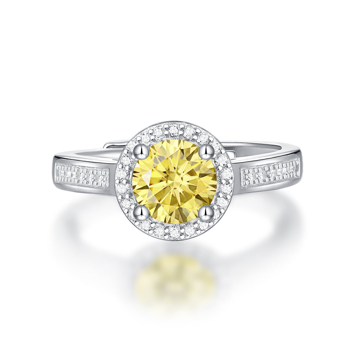 Yellow Round Moissanite and CZ 925 Sterling Silver Adjustable Ring