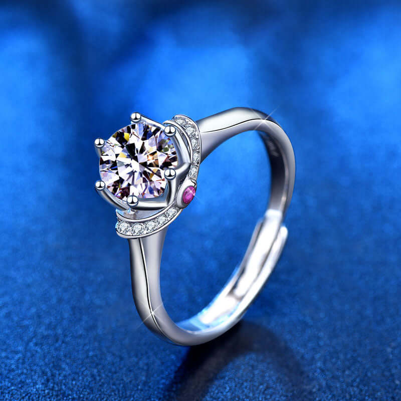 Moissanite and CZ Crown 925 Sterling Silver Adjustable Ring