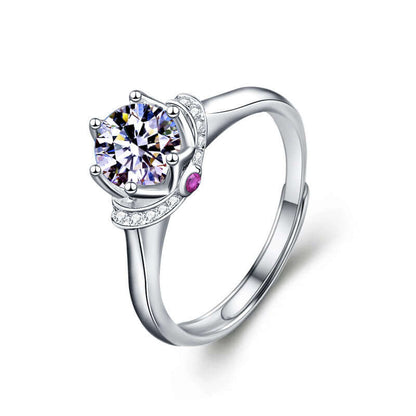 Moissanite and CZ Crown 925 Sterling Silver Adjustable Ring