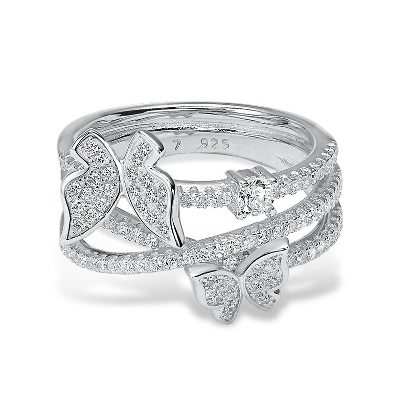 Micro Setting CZ Butterfly Triple Layers Cross 925 Sterling Silver Ring