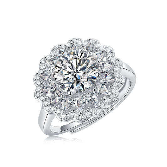 2ct Moissanite and CZ Flower 925 Sterling Silver Adjustable Ring