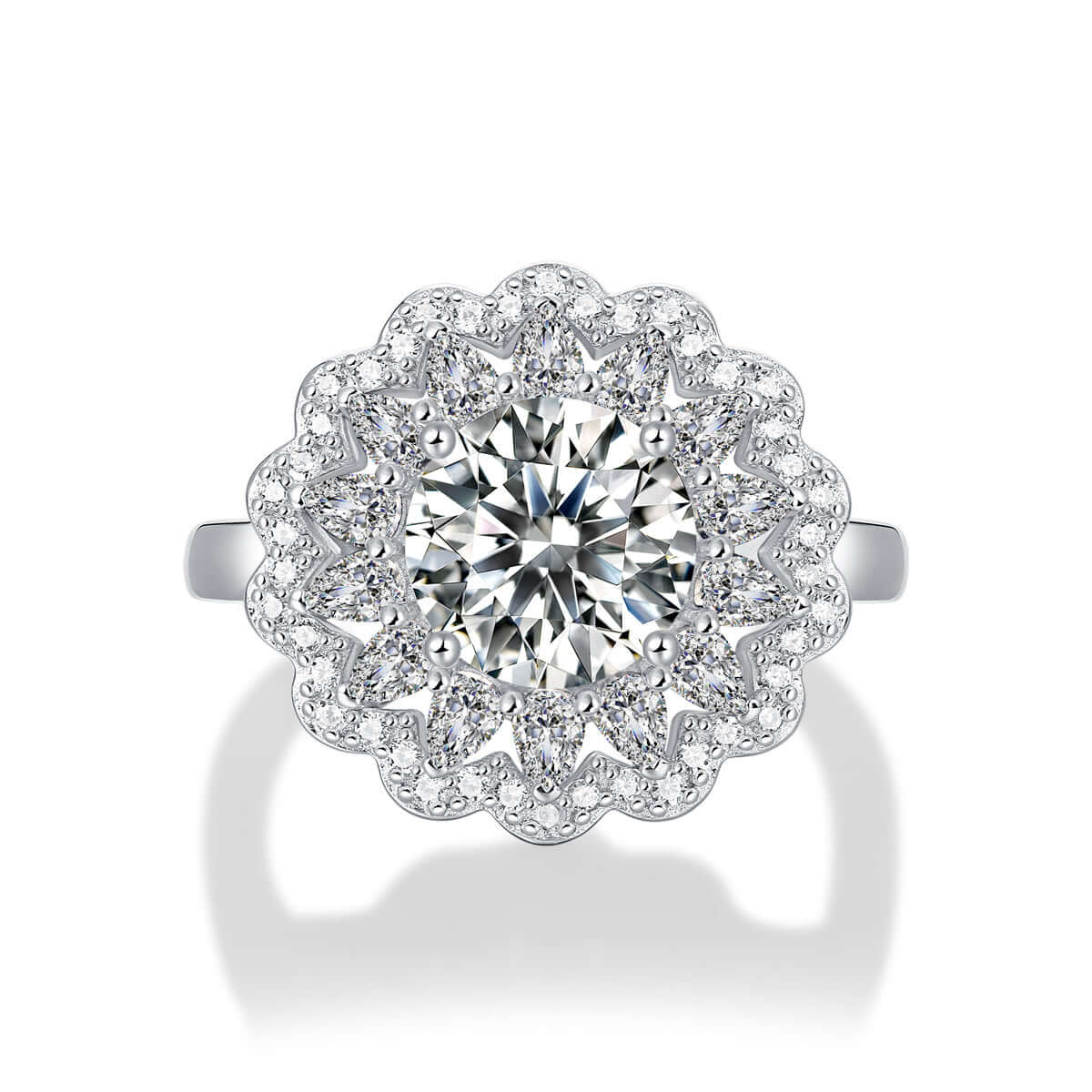 2ct Moissanite and CZ Flower 925 Sterling Silver Adjustable Ring