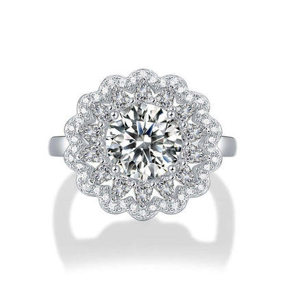 2ct Moissanite and CZ Flower 925 Sterling Silver Adjustable Ring