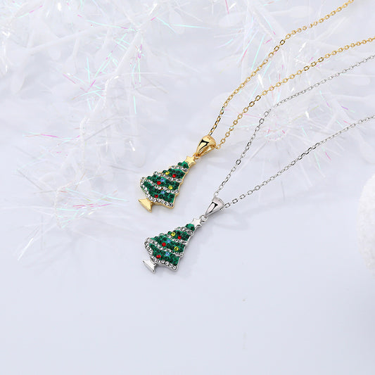 CZ Green Christmas Tree 925 Sterling Silver Necklace