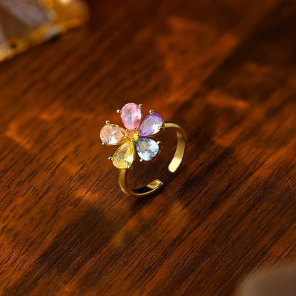 Colorful CZ Flower 925 Sterling Silver Adjustable Ring