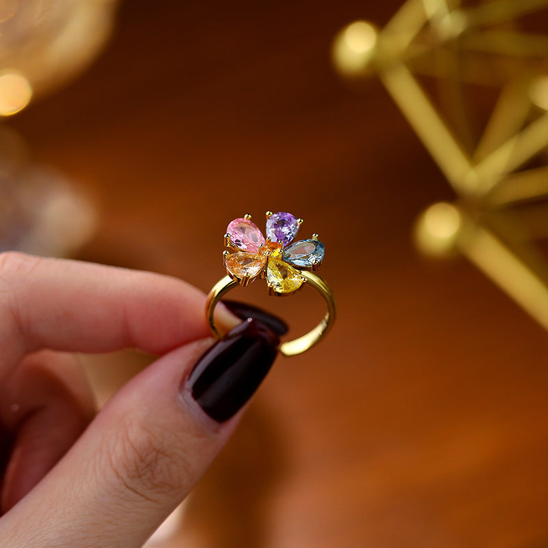 Colorful CZ Flower 925 Sterling Silver Adjustable Ring