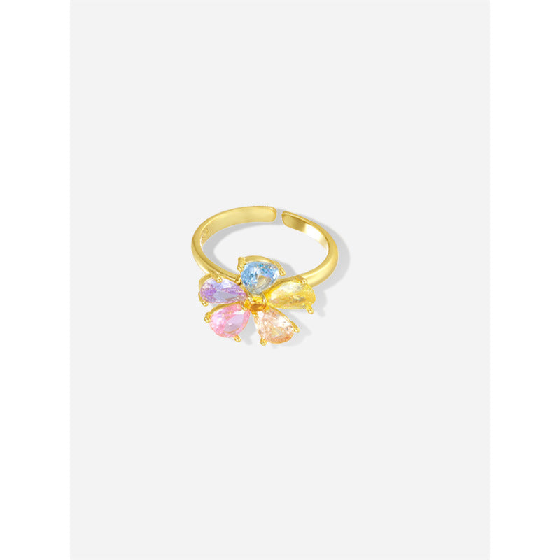 Colorful CZ Flower 925 Sterling Silver Adjustable Ring