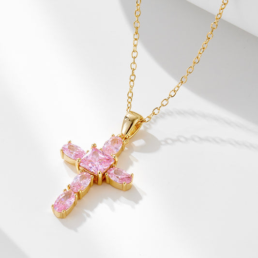 Pink CZ Cross 925 Sterling Silver Necklace