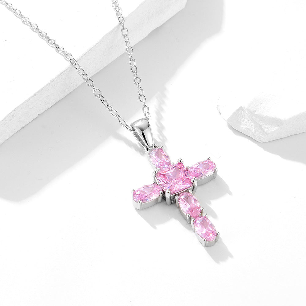 Pink CZ Cross 925 Sterling Silver Necklace