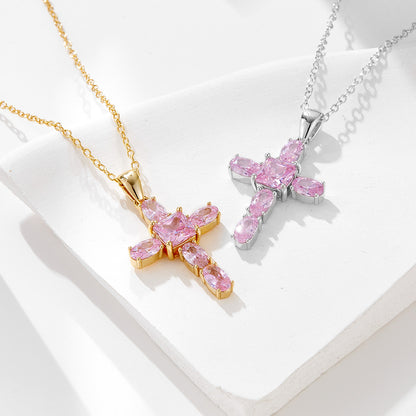 Pink CZ Cross 925 Sterling Silver Necklace