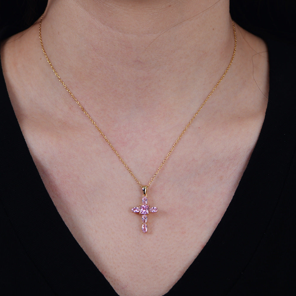 Pink CZ Cross 925 Sterling Silver Necklace